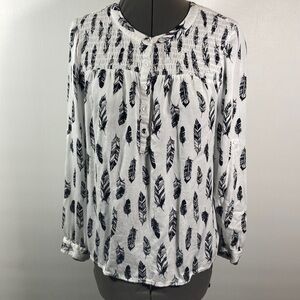 My Danielle Top Women Size S Black & White Feather Print Smocked Yolk